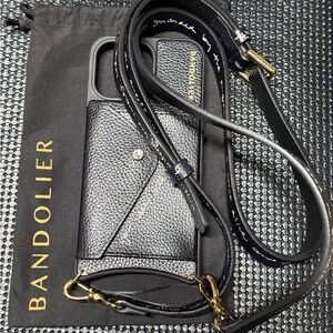 Bandolier Black Leather Crossbody Phone Case iPhone 14 pro max with strap